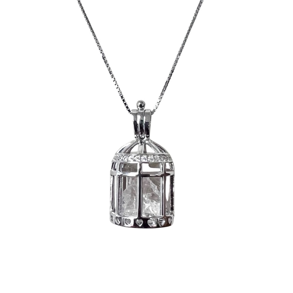 925 Sterling Silver Rhodium CZ Birdcage Herkimer Diamond Quartz Crystal Necklace